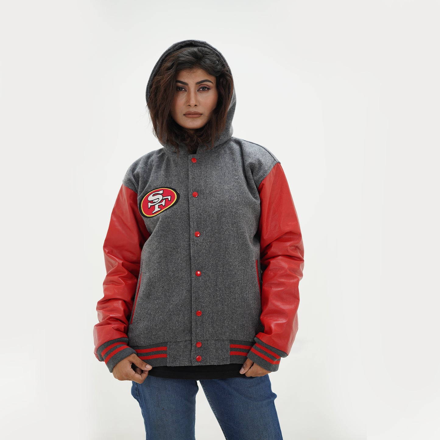 Women's San Francisco 49ers Varsity Jacket Leather Sleeves Wool Body Hoodie