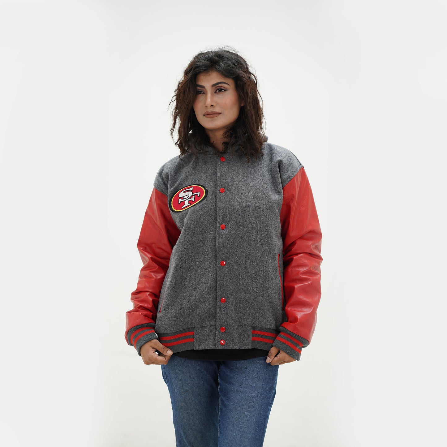Women's San Francisco 49ers Varsity Jacket Leather Sleeves Wool Body Hoodie