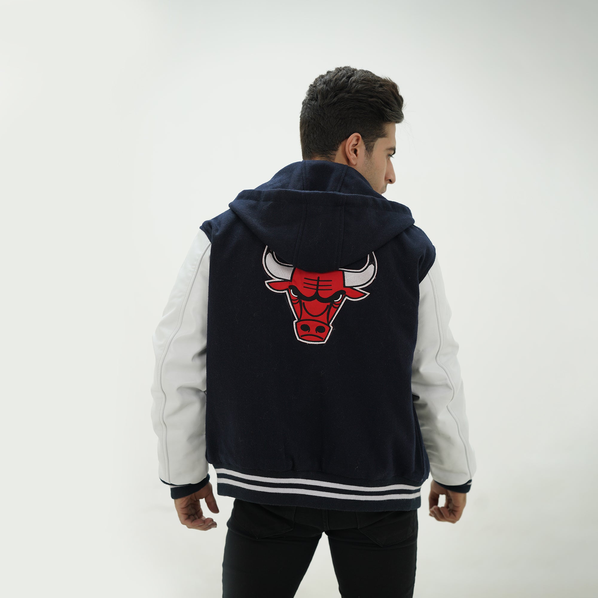 Men's Chicago Bulls Letterman Jacket With Hood Wool Body And Leather Sleeves