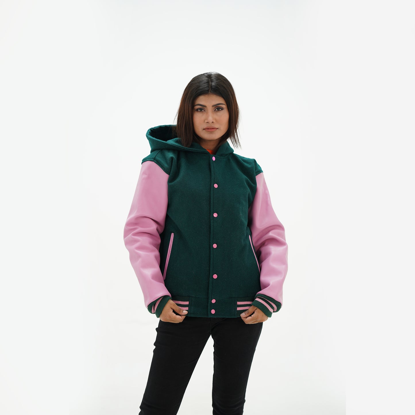 Women's Dark Green Baseball Hooded Jacket Leather Arms And Wool Body