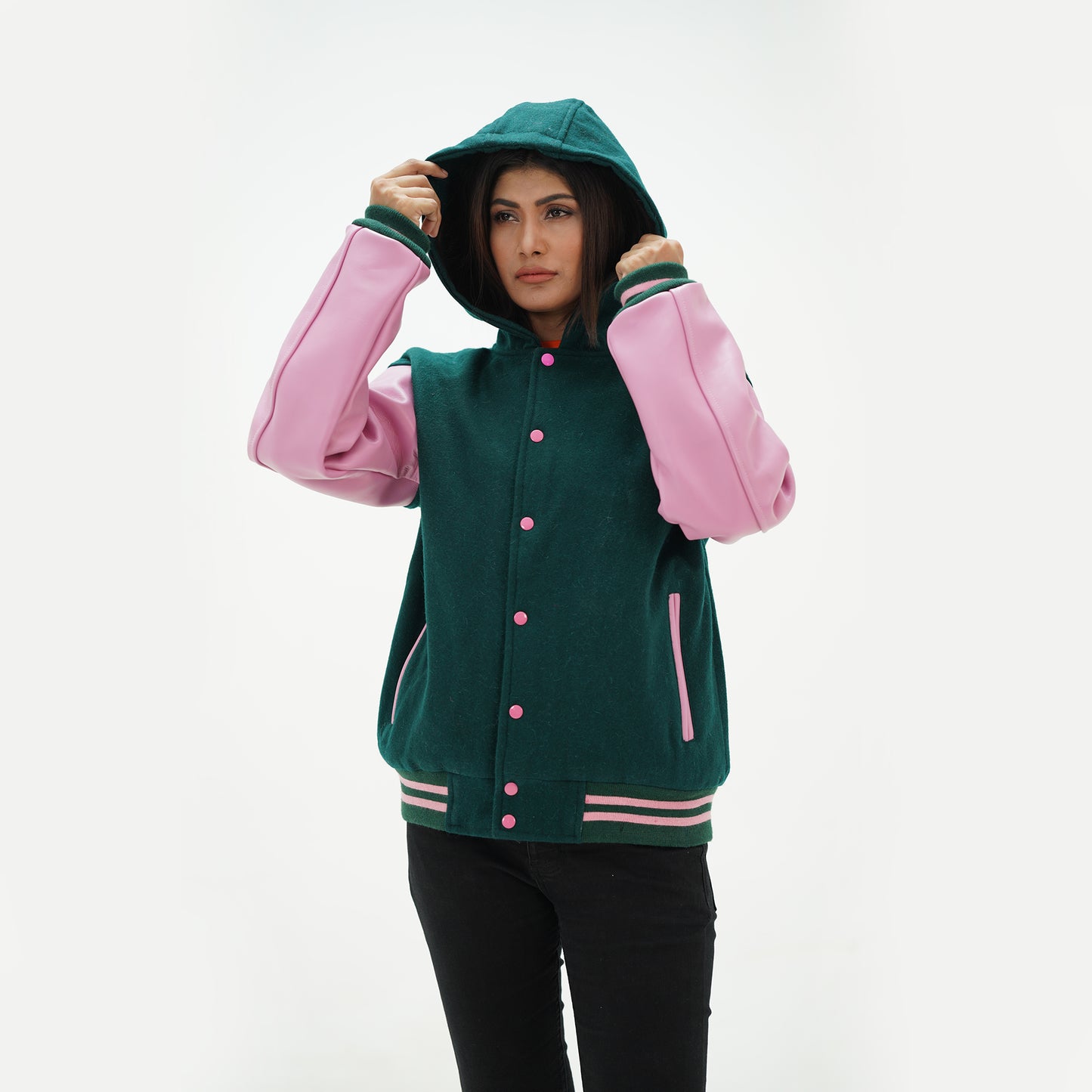 Women's Dark Green Baseball Hooded Jacket Leather Arms And Wool Body