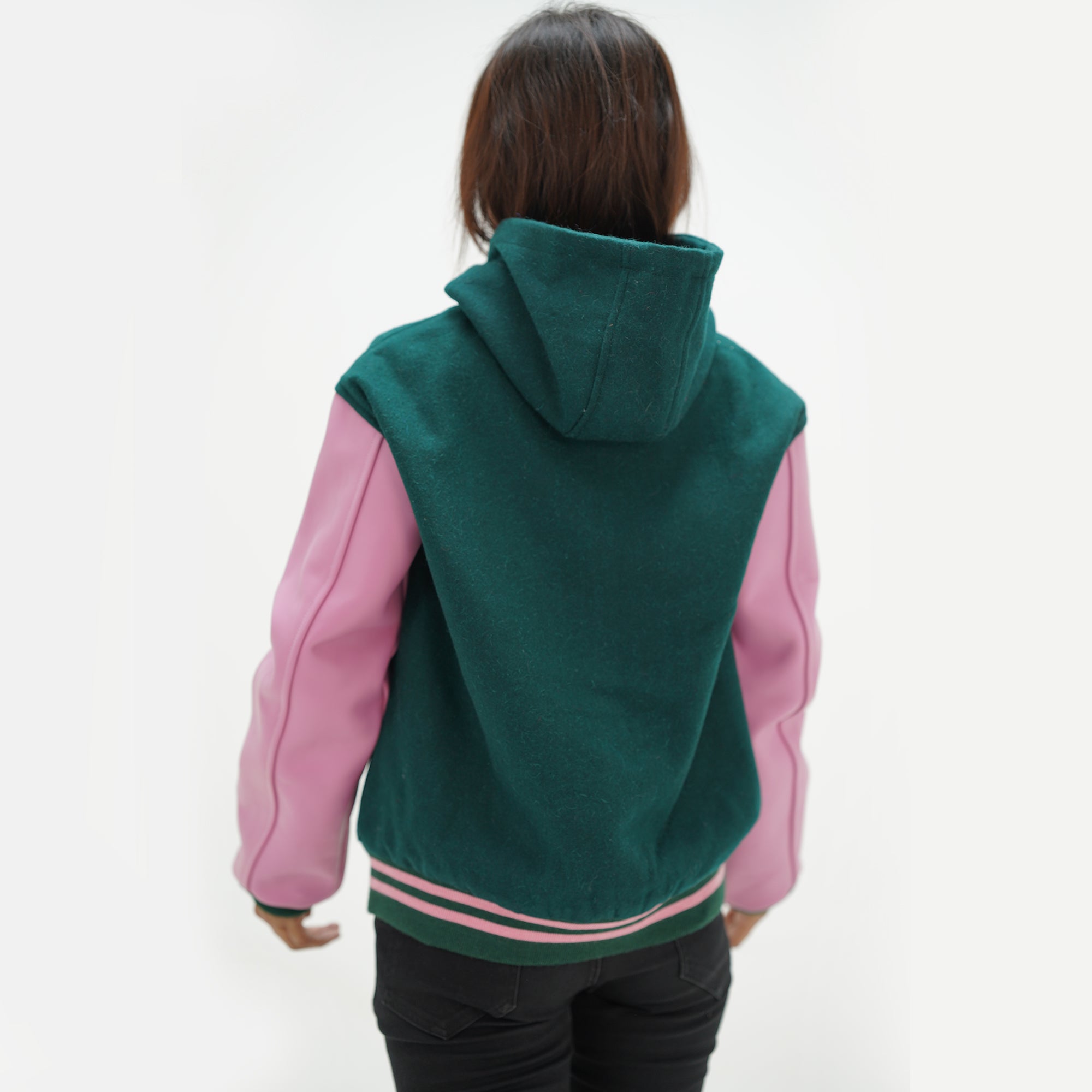 Women's Dark Green Baseball Hooded Jacket Leather Arms And Wool Body