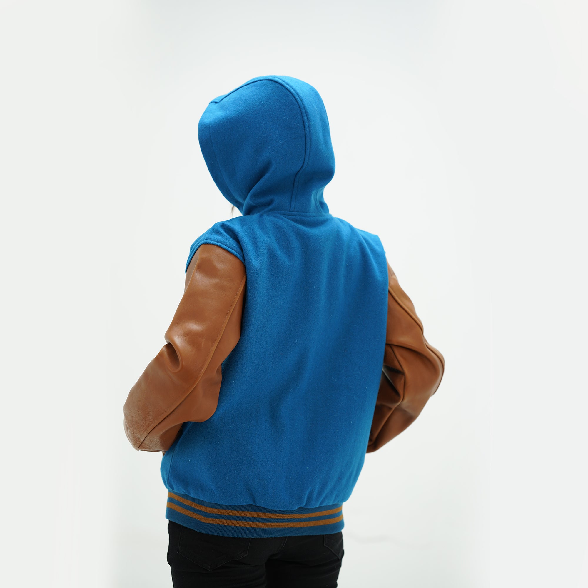 Women's Sky Blue Body And Brown Leather Sleeves Varsity Jacket With Hood