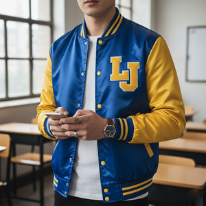 Person wearing a blue and yellow letterman jacket with 'LJ' initials in a classroom setting.