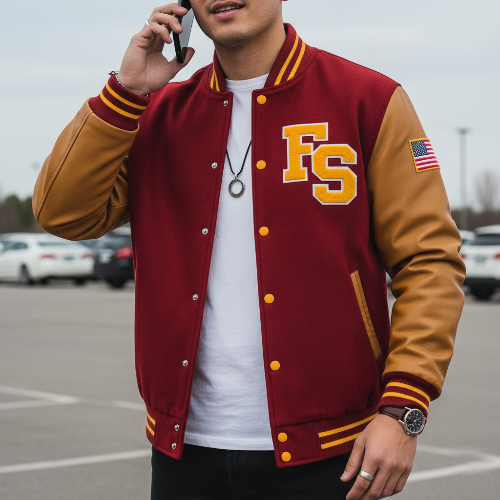 Person wearing a red and gold varsity jacket with 'FS' and an American flag patch, talking on a phone in a parking lot.