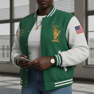 Person wearing a green and white varsity jacket with a statue of liberty emblem and American flag patch.