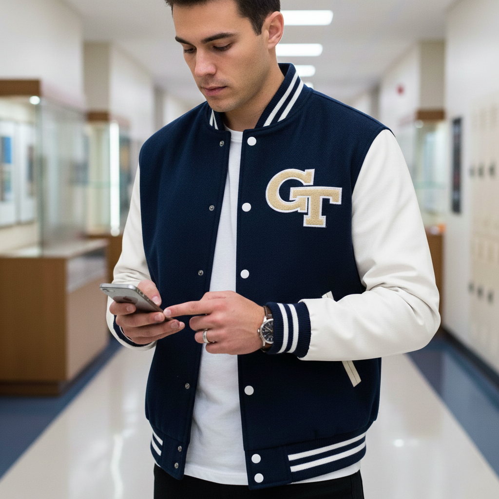 Man wearing a navy and white varsity jacket with a GT logo, using a phone in a hallway.