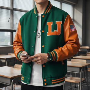 Person wearing a green and orange varsity jacket with 'LJ' lettering in a classroom setting.