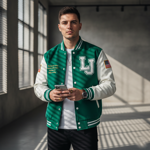 Man wearing a green and white varsity jacket with letterman design, standing in a sunlit room.