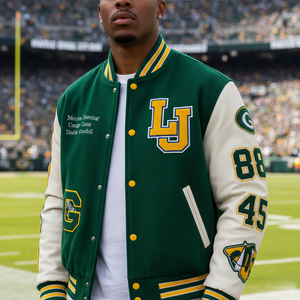 Person wearing a green and white letterman jacket with 'LJ' on a sports field background