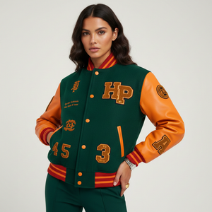 Person wearing a green and orange varsity jacket with 'HP' and numbers on a plain background