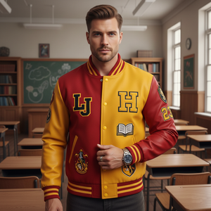 Man wearing a red and yellow letterman jacket in a classroom setting