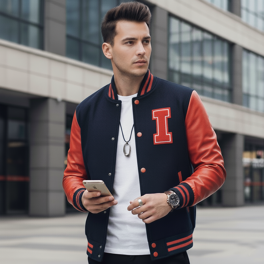 Man wearing a navy and red varsity jacket holding a phone in an urban setting