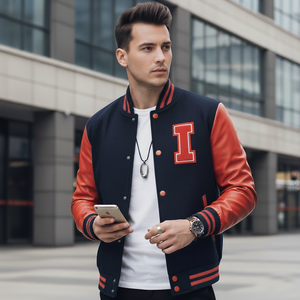 Man wearing a navy and red varsity jacket holding a phone in an urban setting