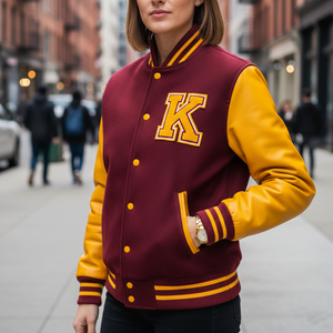 Person wearing a maroon and yellow varsity jacket with a large 'K' on a city street.