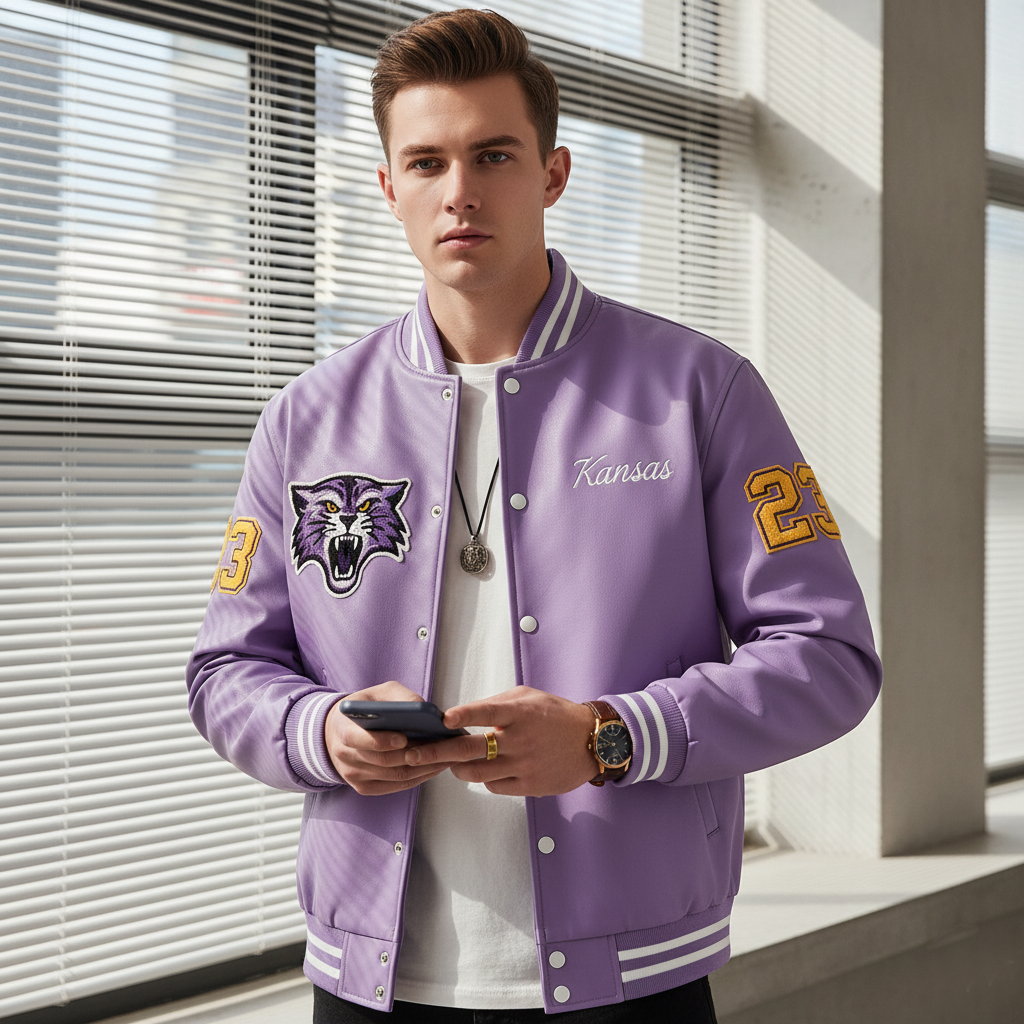 Man wearing a purple varsity jacket with a logo and text, standing indoors.