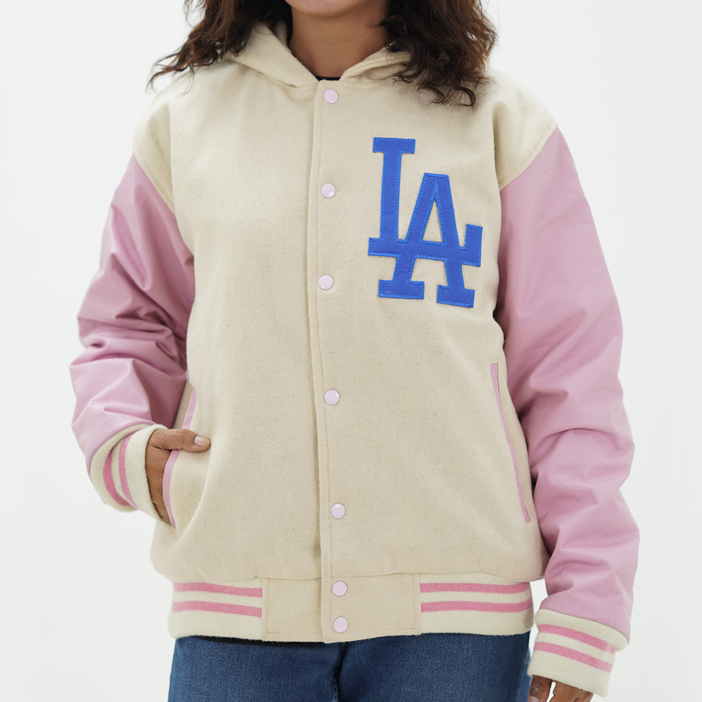 Women's Off White LA Los Angeles Dodgers Varsity Jacket Leather Arms And Wool Body