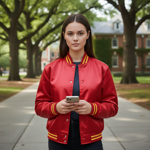 Woman in a red jacket with yellow accents holding a phone on a college campus.