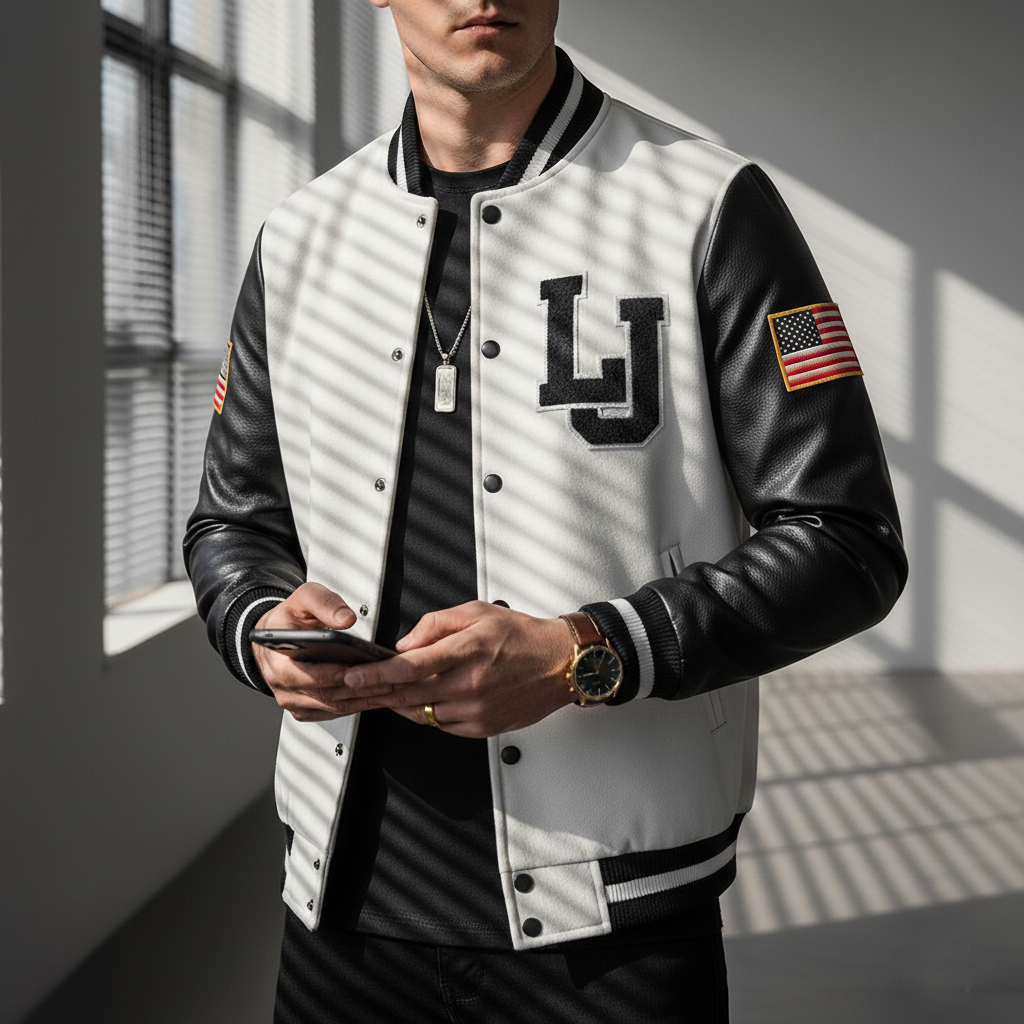 Person wearing a white and black varsity jacket with 'LJ' logo and American flag patch, holding a phone.