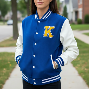 Person wearing a blue and white varsity jacket with a yellow 'K' on a sidewalk.