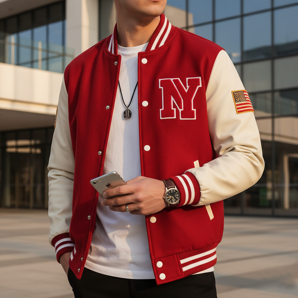 Person wearing a red and white varsity jacket with a 'NY' logo, holding a phone outdoors.