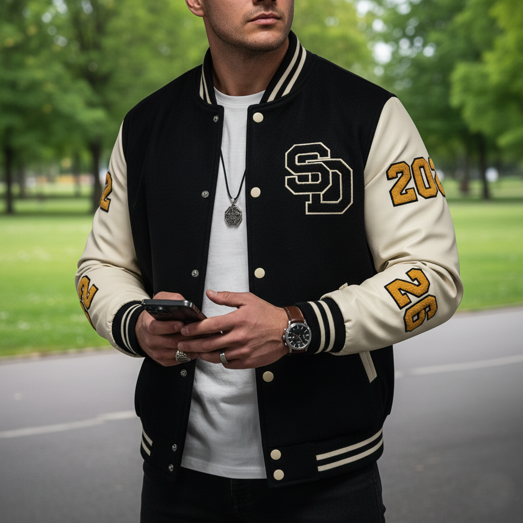 Man wearing a black and beige varsity jacket with letterman design, standing outdoors.