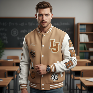 Man wearing a brown and white varsity jacket with lettering and symbols in a classroom setting