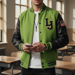 Person wearing a lime green and black varsity jacket with a school logo in a classroom setting