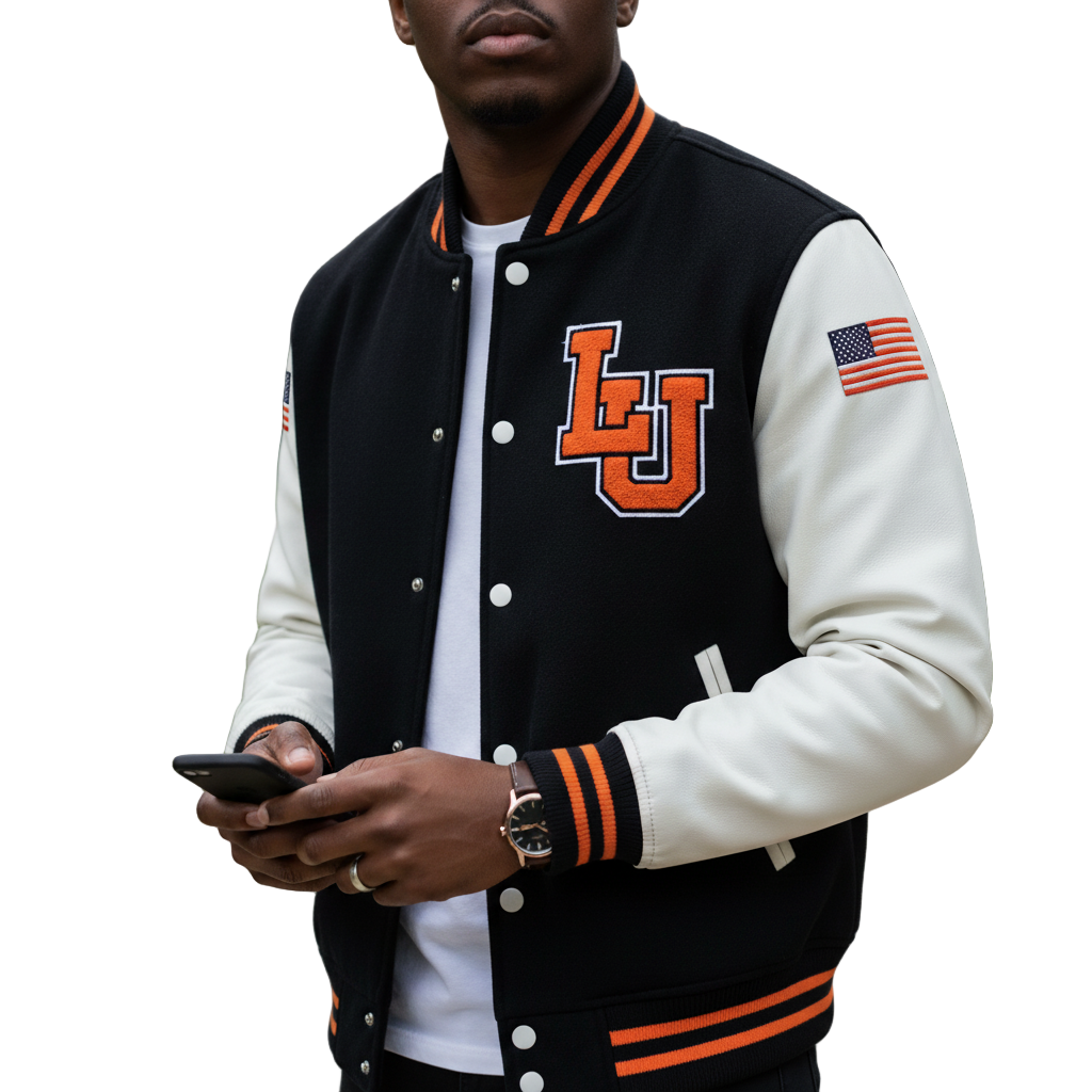 Black and white varsity jacket with orange 'LU' patch and American flag patch on the sleeve.