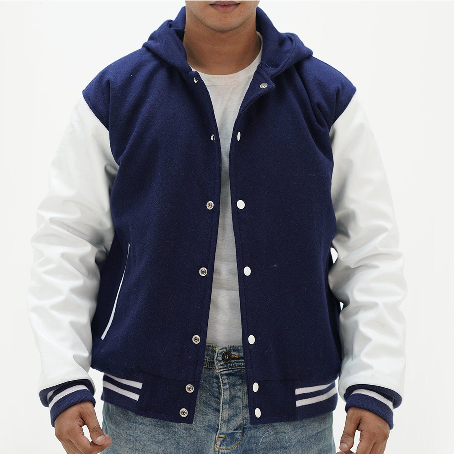 Men's Navy Blue Hooded Varsity Jacket Leather Arms And Wool Body Letterman Jacket
