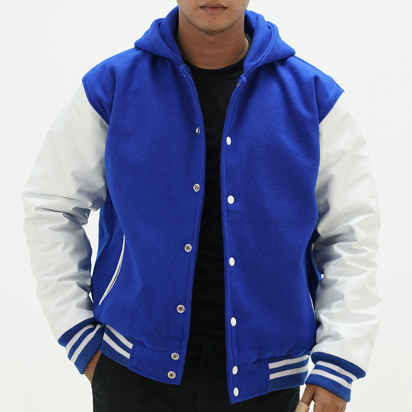 Men's Royal Blue Letterman Jacket With Hood Leather Arms And Wool Body