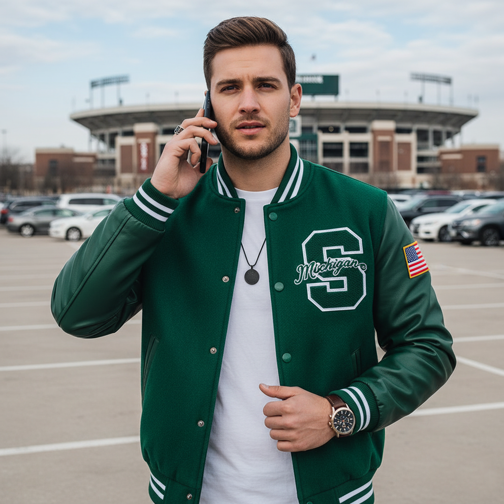 Man in green letterman jacket with 'Michigan' logo on phone call in parking lot