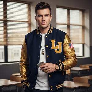Man wearing a navy and gold letterman jacket with 'LJ' initials in a classroom setting.