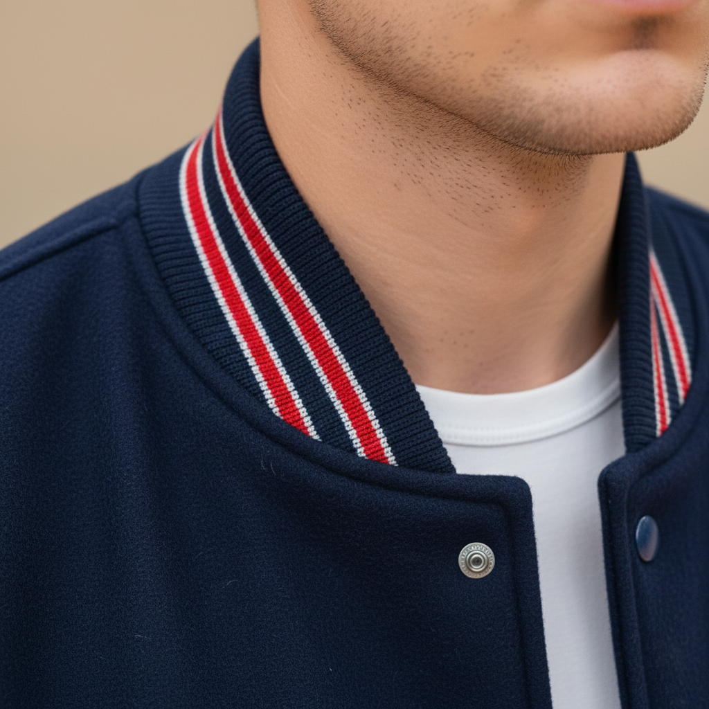 Navy blue jacket with red and white striped collar worn by a person