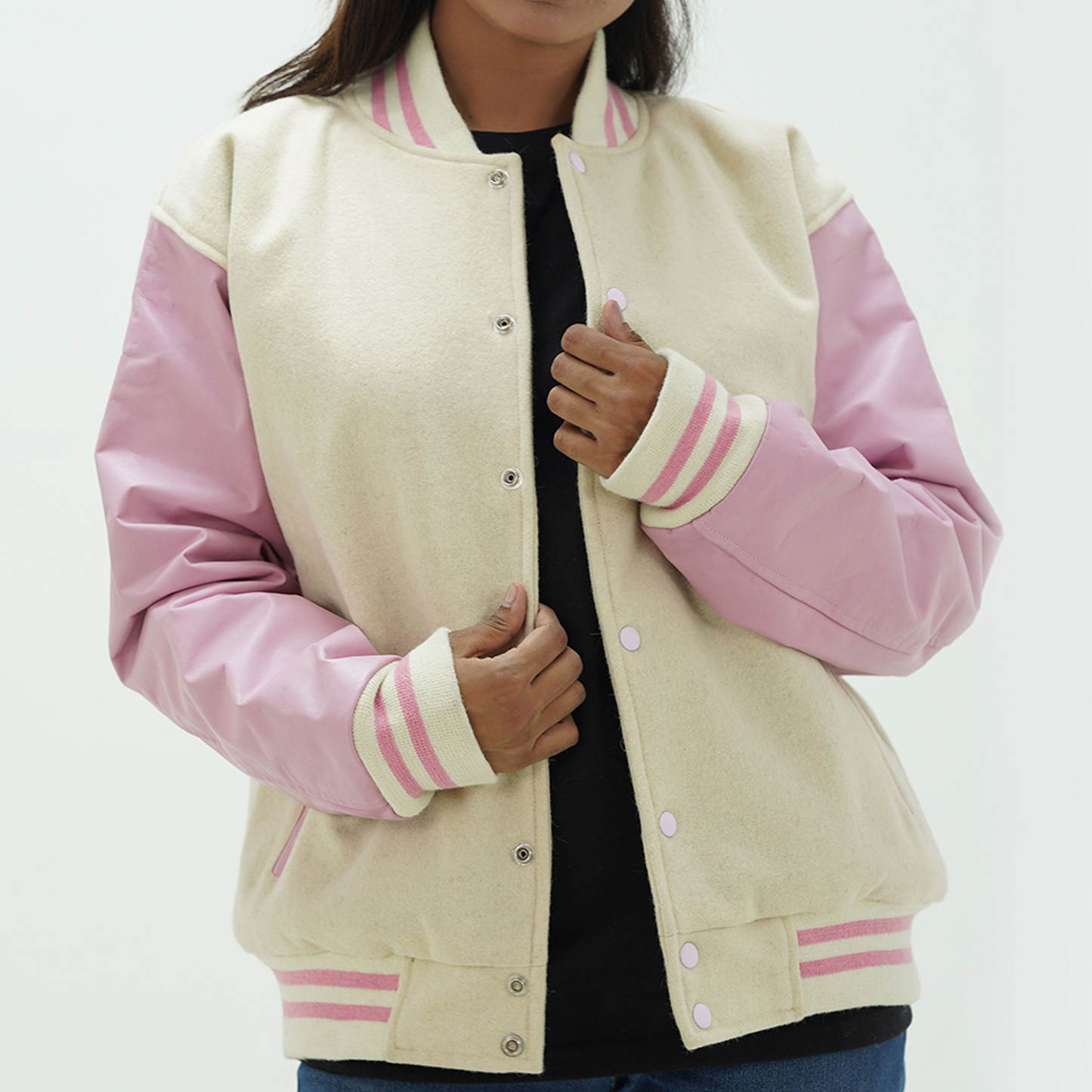 Off White And Pink Letterman Jacket Women's Leather Arms And Wool Body Varsity Jacket