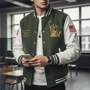 Person wearing a green and white varsity jacket with a statue of liberty design, holding a phone in an indoor setting.