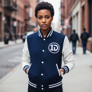 Person wearing a navy and white varsity jacket with a 1D logo on a city street