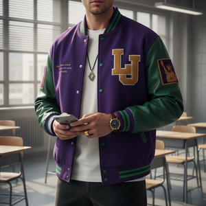 Person wearing a purple and green varsity jacket with 'LJ' emblem in a classroom setting