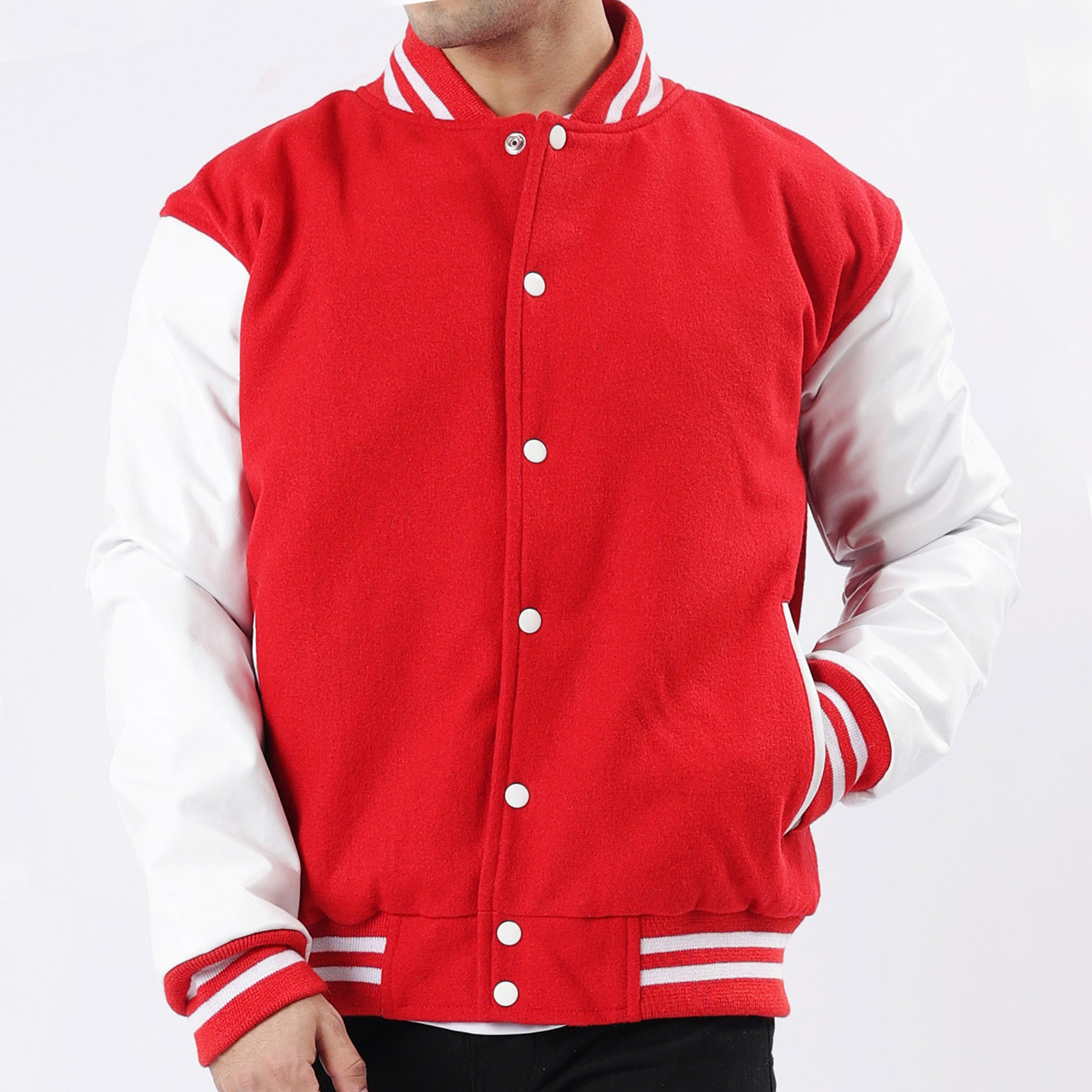 Men's Red And White Letterman Jacket Leather Arms And Wool Body
