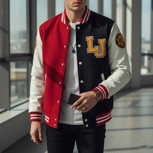 Person wearing a red, black, and white letterman jacket with 'LJ' logo indoors.