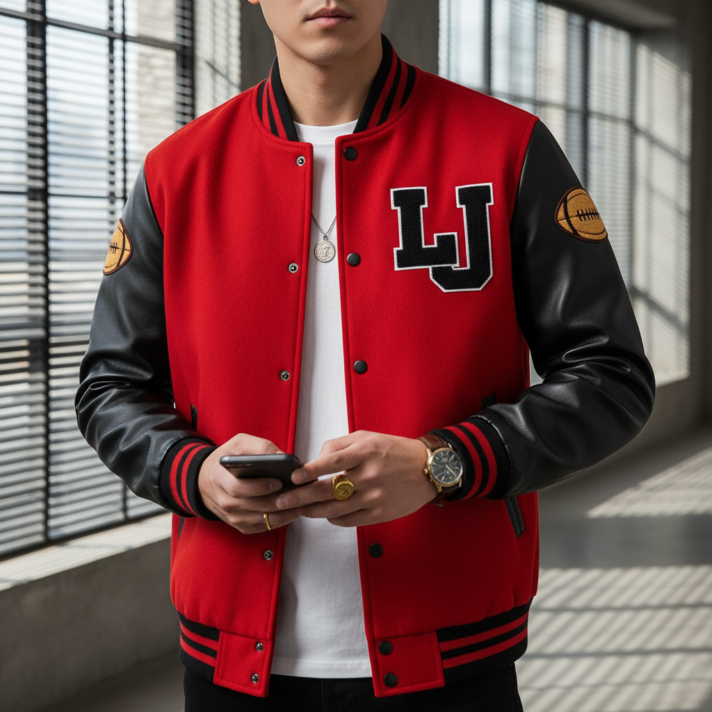 Person wearing a red and black varsity jacket with 'LJ' lettering, holding a phone.