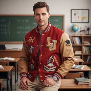Man wearing a maroon and beige letterman jacket in a classroom setting