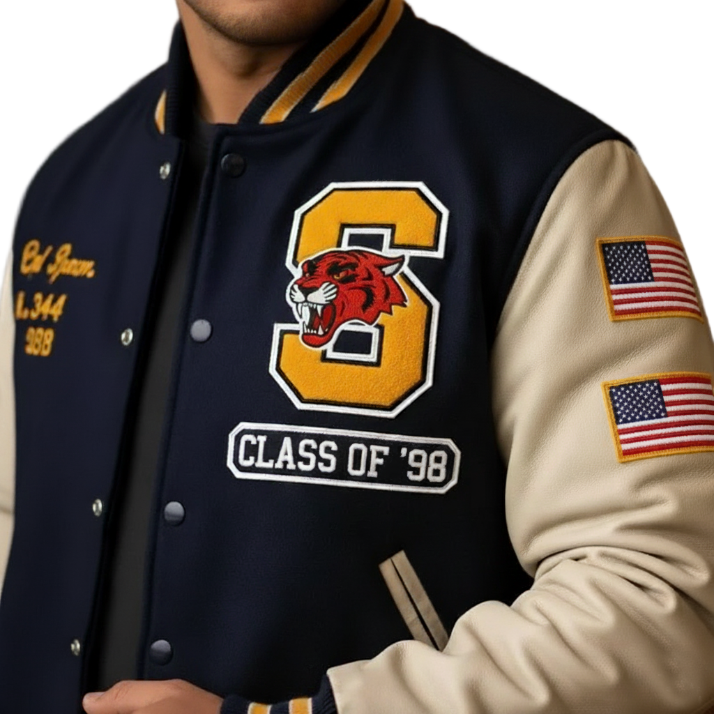 Navy and cream leather varsity jacket detail with Class of '98 patch, tiger logo, and American flag patches.
