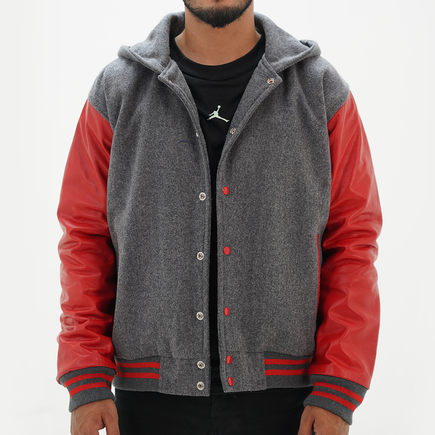 Seniors Letterman Varsity Hoodie Jacket Grey And Red Leather Sleeves Wool Body