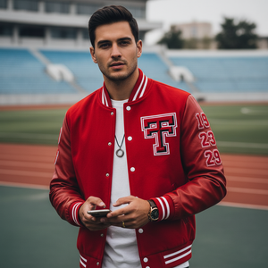 Man wearing a red varsity jacket with a logo and numbers, standing on a track and field.