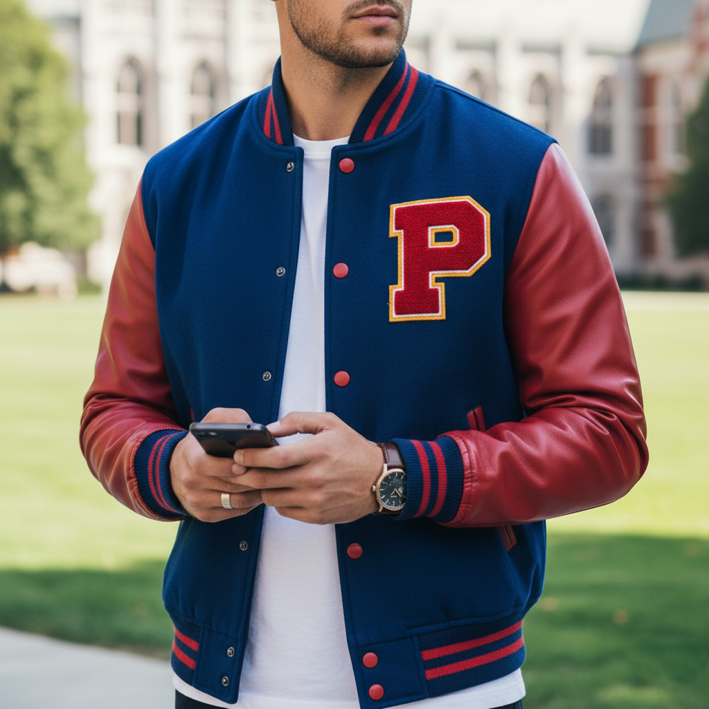 Person wearing a blue and maroon varsity jacket with a large 'P' on a campus background