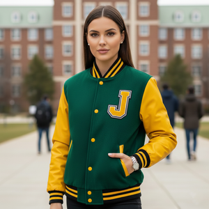Woman wearing a green and yellow varsity jacket with a large 'J' on a college campus.