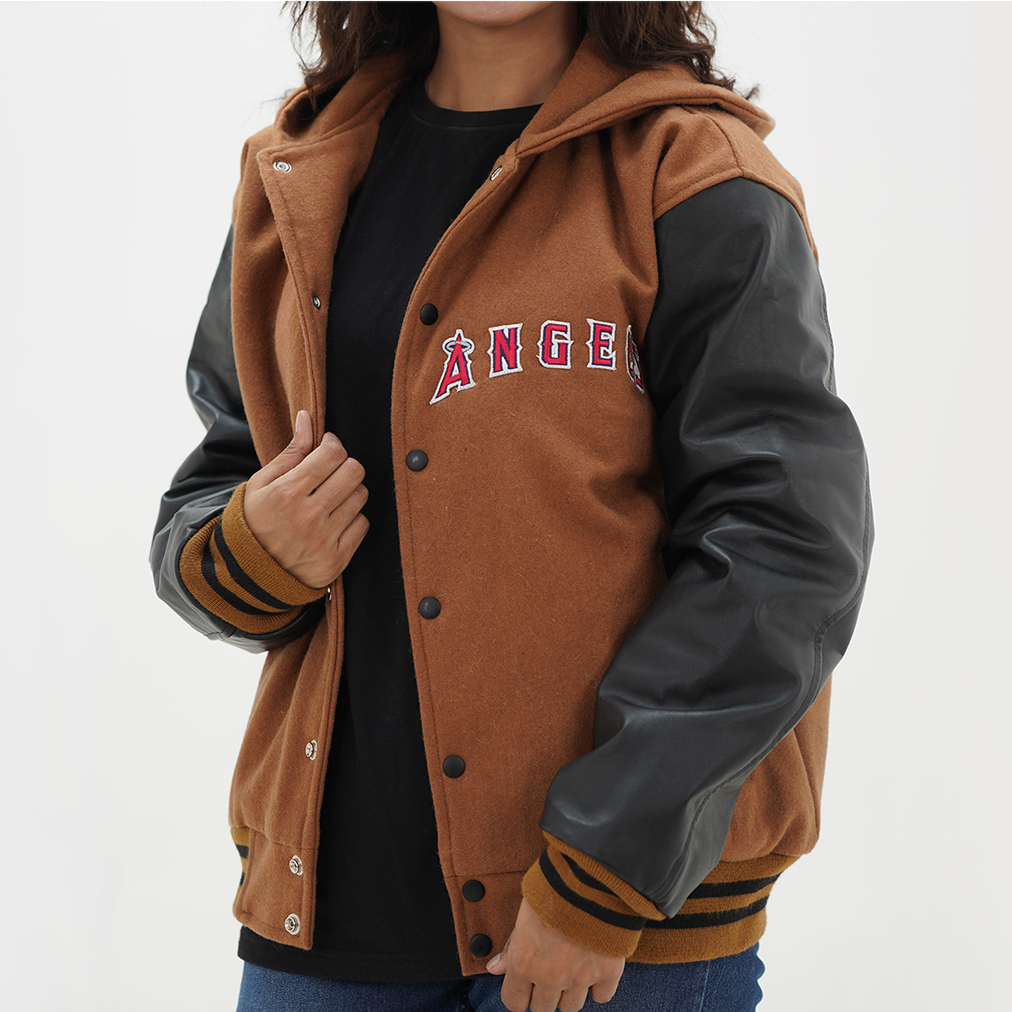 Women's Los Angeles Angels Letterman Jackets Wool Body And Leather Sleeves Hoodie