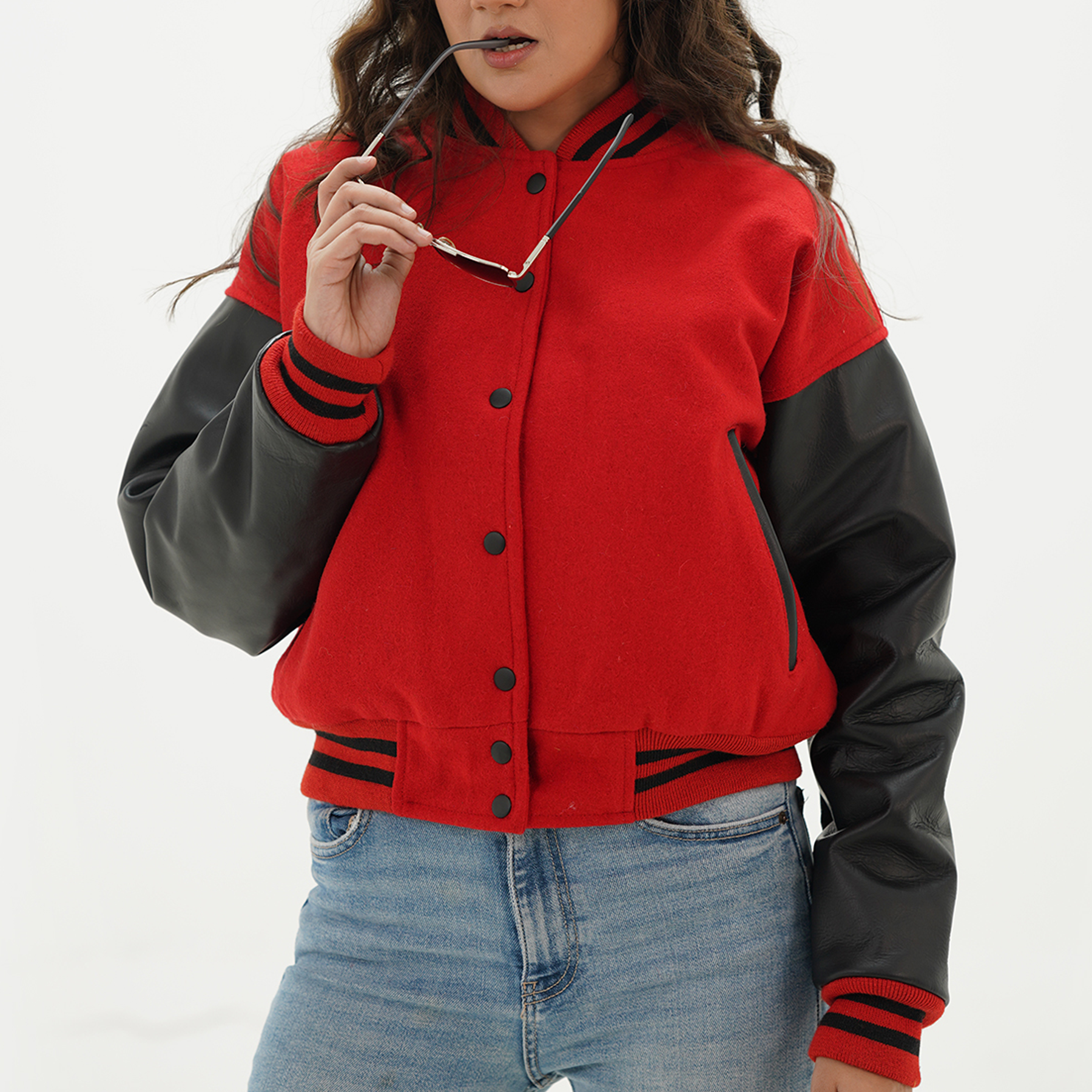Women's Red And Black Varsity Jacket Leather Arms And Wool Body