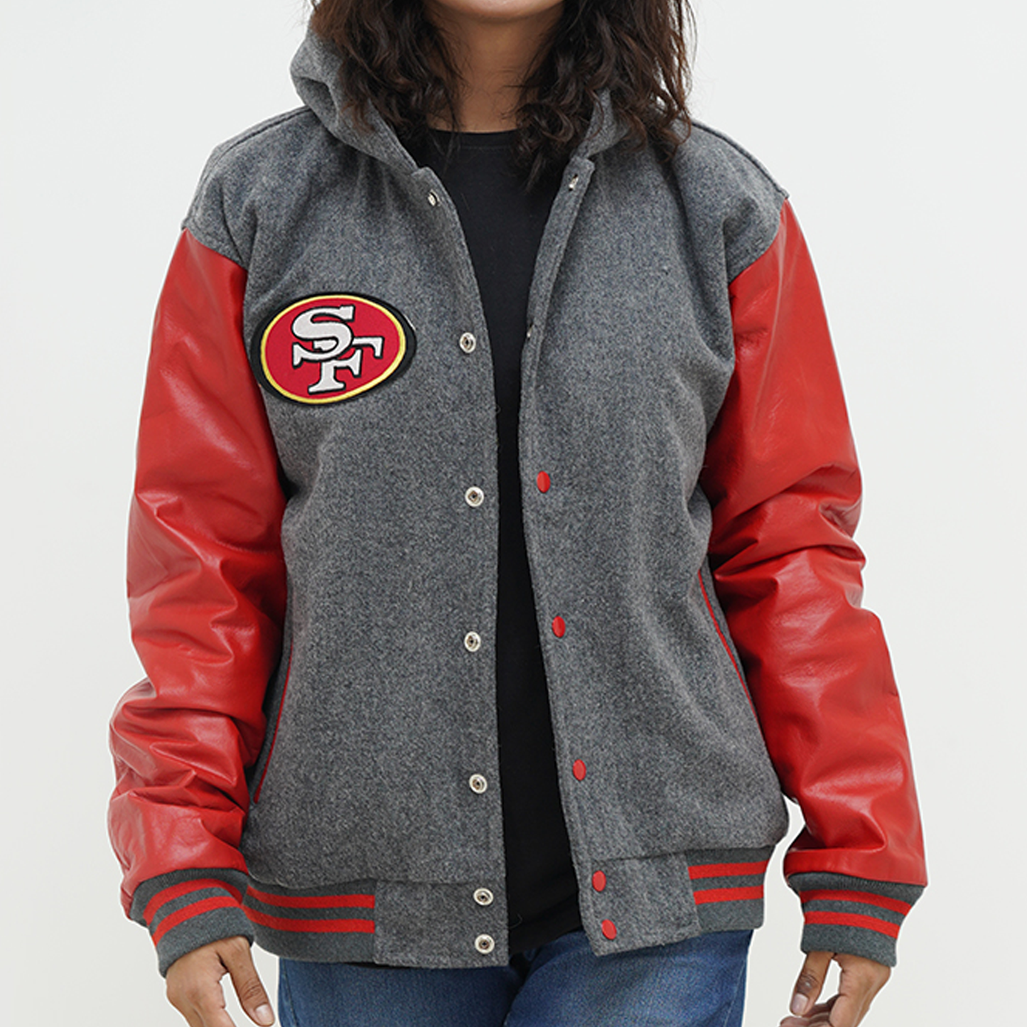 Women's San Francisco 49ers Varsity Jacket Leather Sleeves Wool Body Hoodie